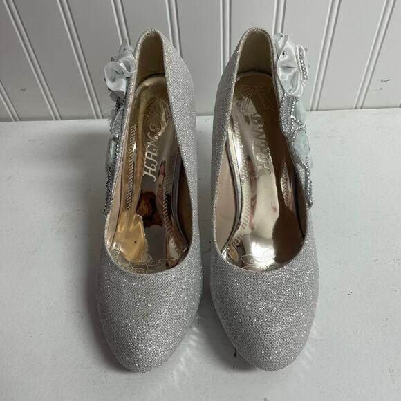 BNHH 9.5 (41) silver on silver high heeled shoe bridal rose glitter pump formal - Picture 1 of 6